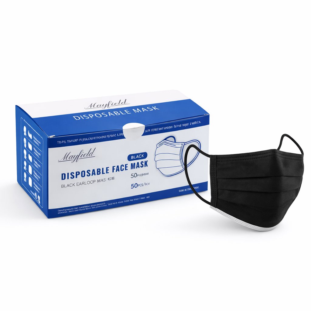 500 Cubrebocas Tricapa Mayfield® Exterior Negro / Interior Blanco | Uso General